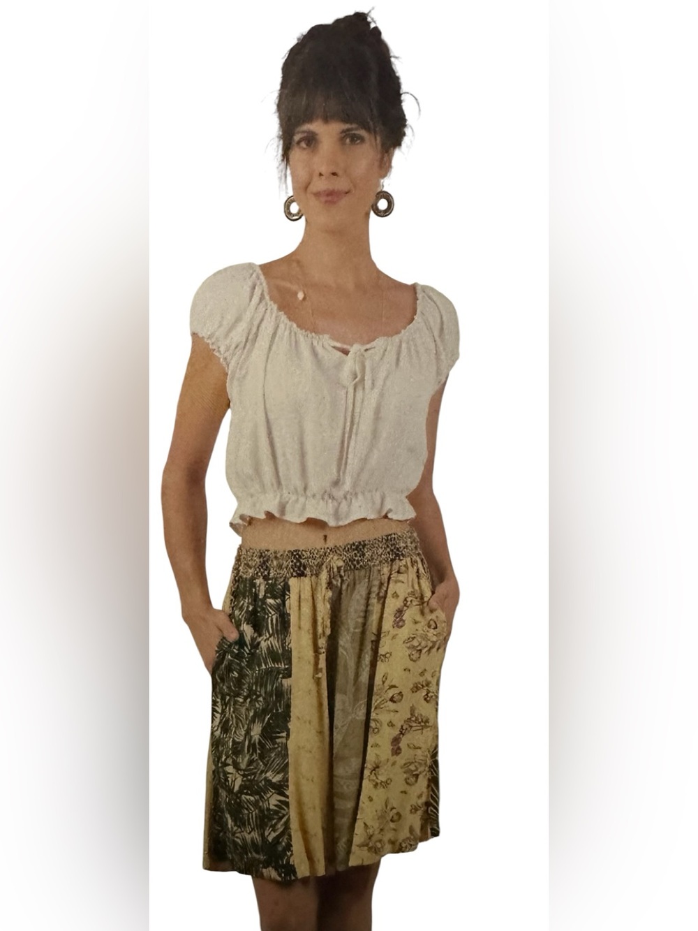 Patchwork Floral & Leaf Print Boho Shorts in Mustard & Olive. 5122.  BL/RD3.